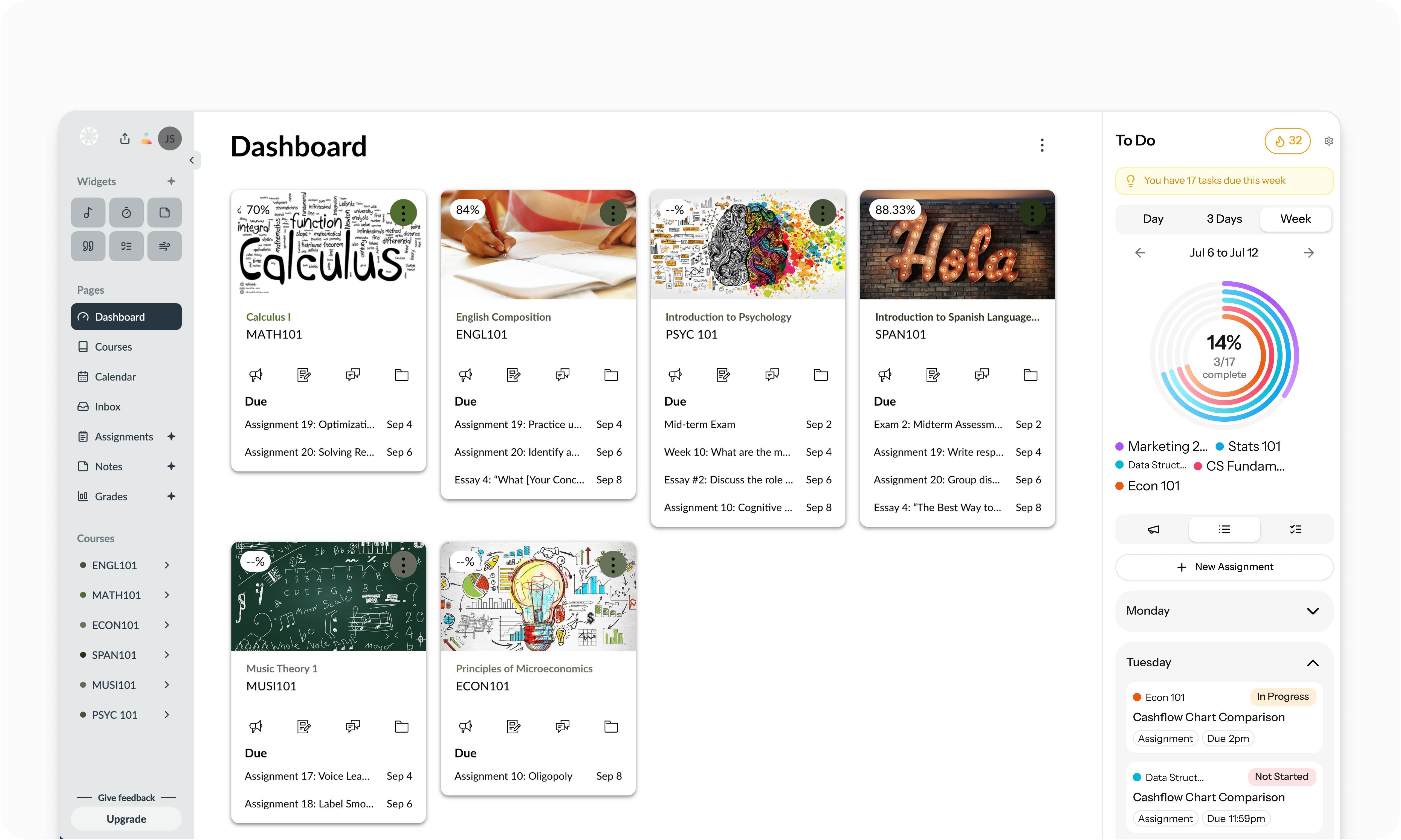 Clean visual cards with due dates on assignments